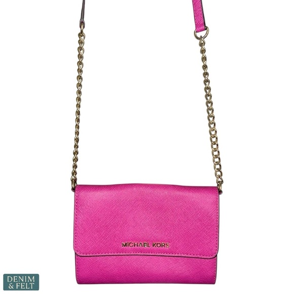 Michael Kors Fuchsia/Rasberry/Gold Saffiano Leather Chain Link Crossbody Bag - Picture 12 of 15